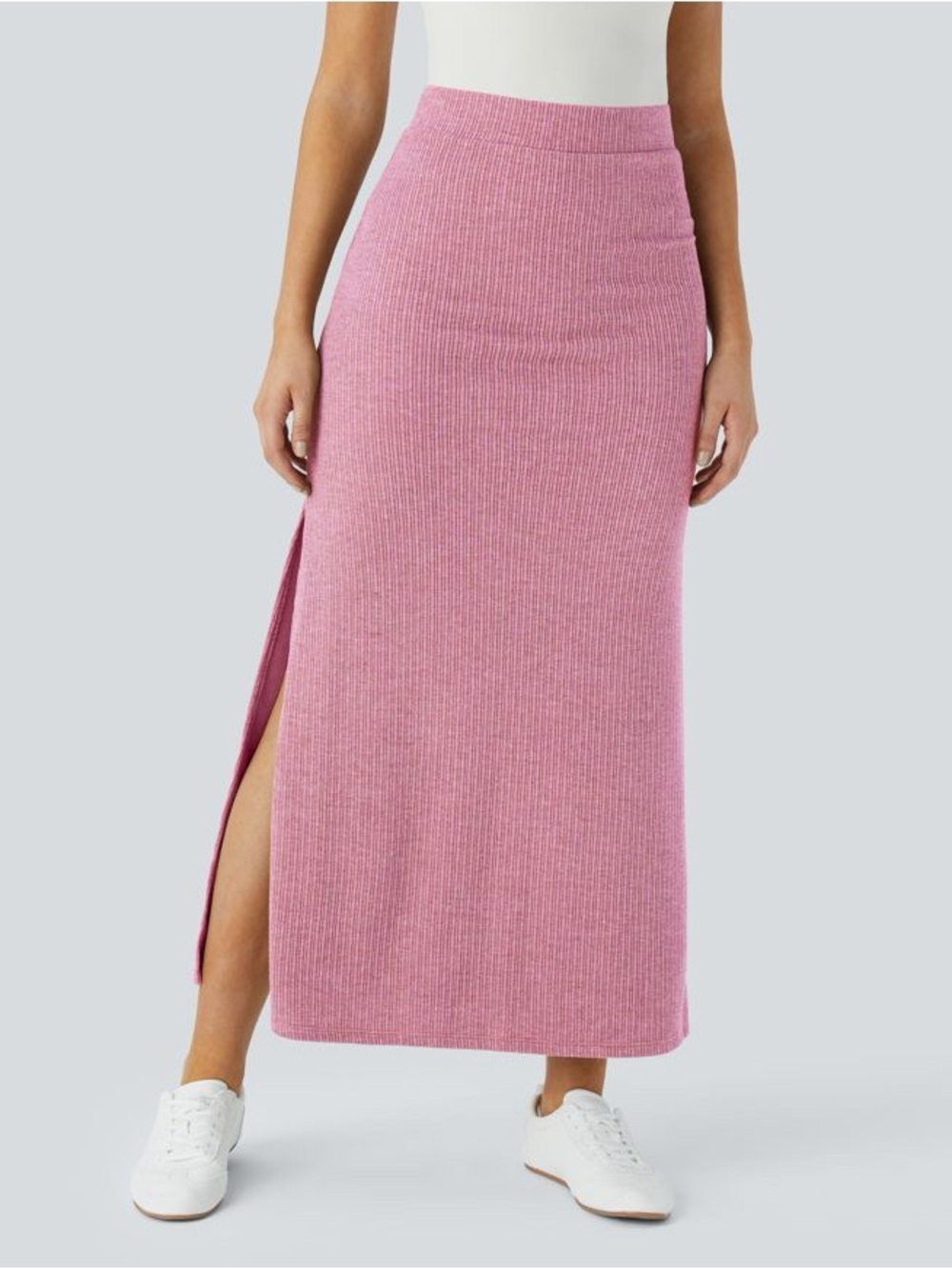 HALARA Ribbed Maxi Skirt with Side Slit - Pink